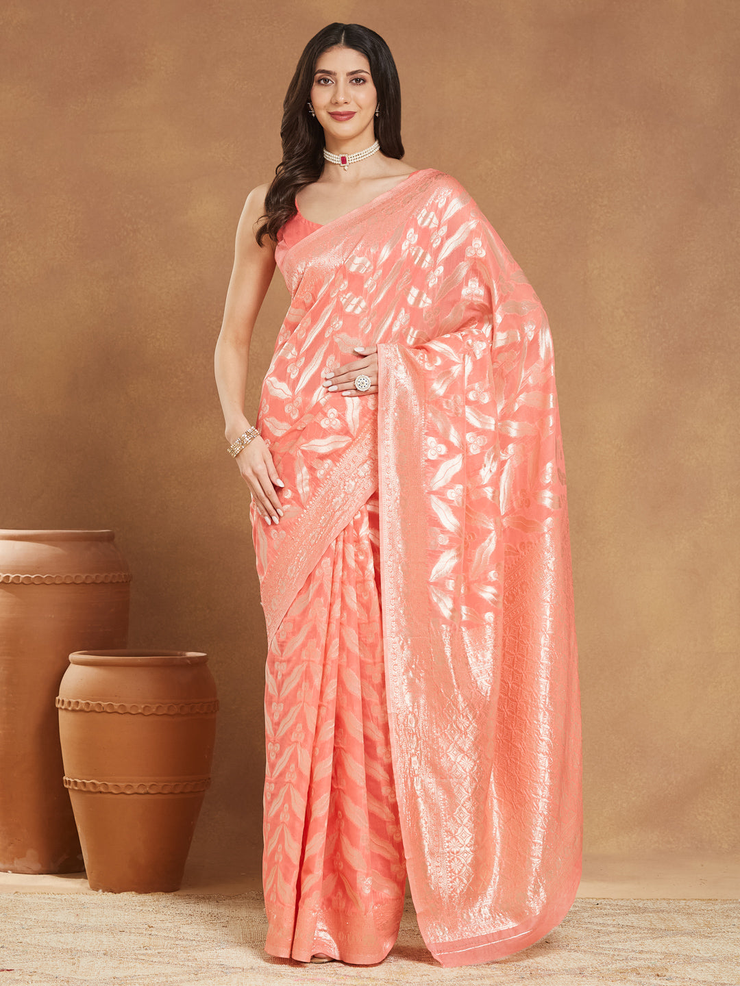 Janasya Women's Peach Silk Blend Floral Woven Design Jacquard Saree with Blouse Piece