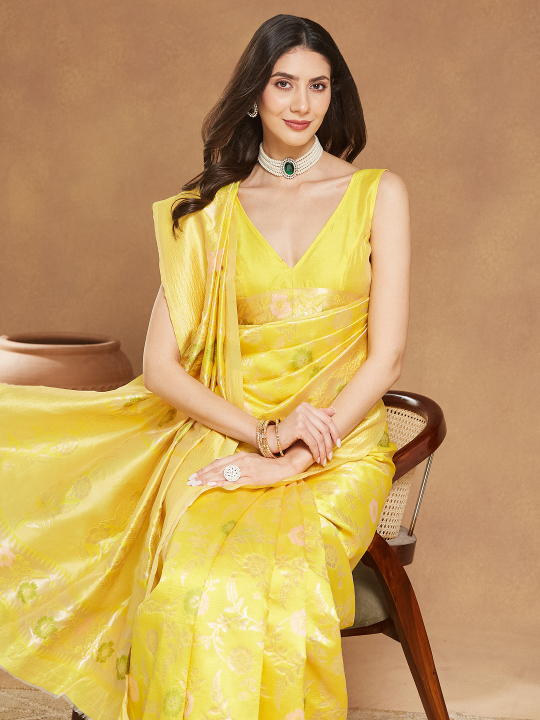 Janasya Women's Yellow Silk Blend Floral Woven Design Jacquard Saree with Blouse Piece