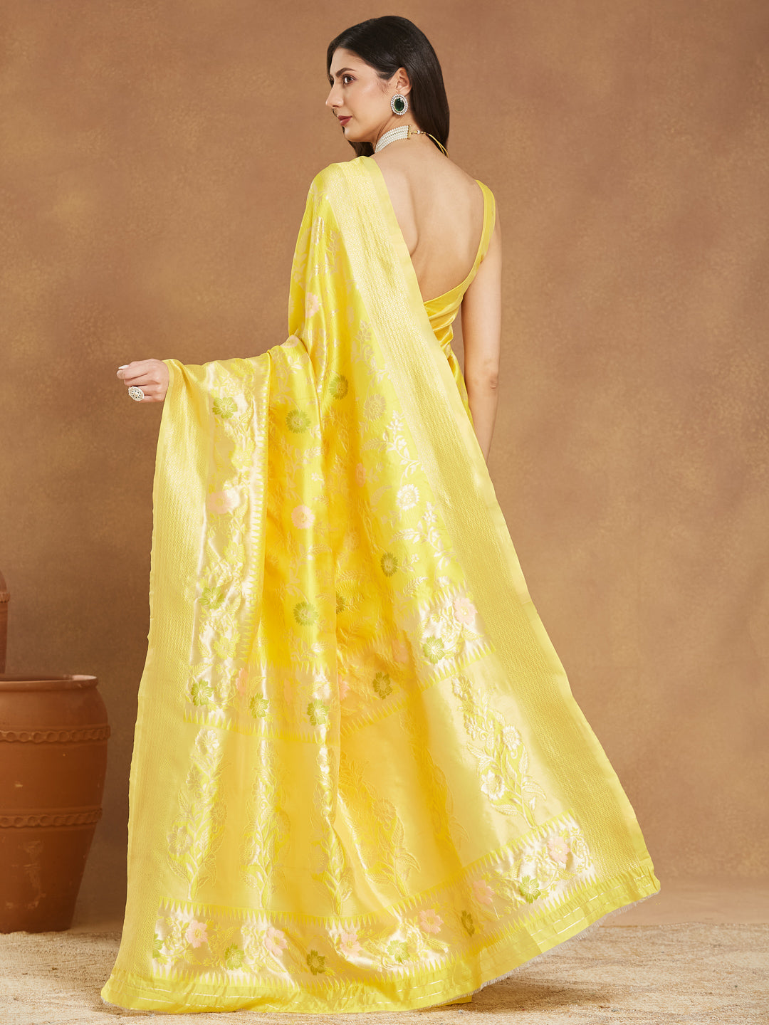 Janasya Women's Yellow Silk Blend Floral Woven Design Jacquard Saree with Blouse Piece