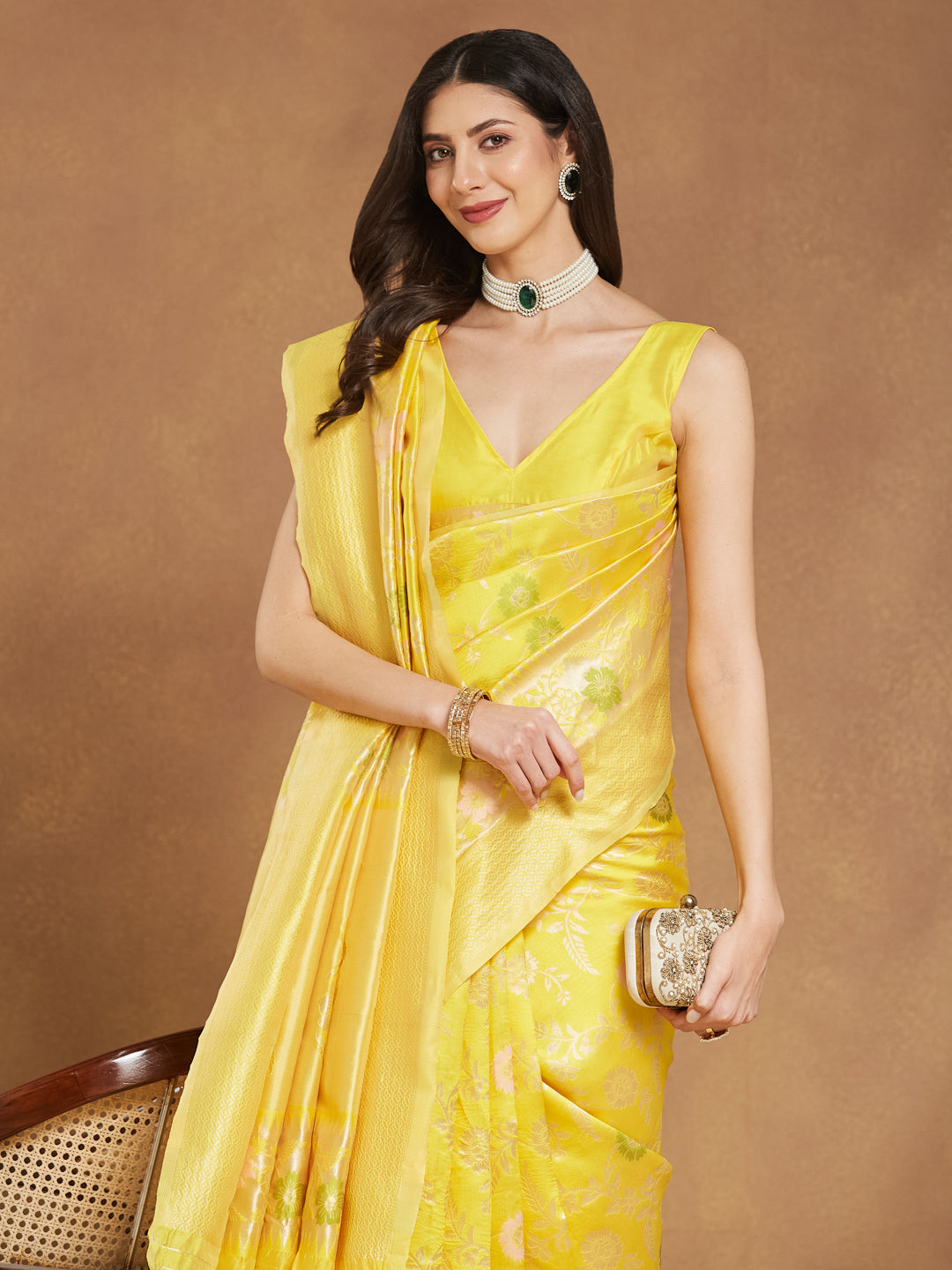 Janasya Women's Yellow Silk Blend Floral Woven Design Jacquard Saree with Blouse Piece