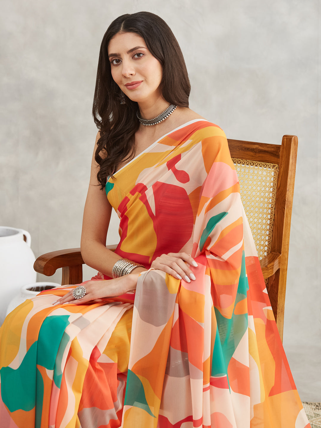 Janasya Women's Multicolor Georgette Abstract Printed Printed Saree with Blouse Piece