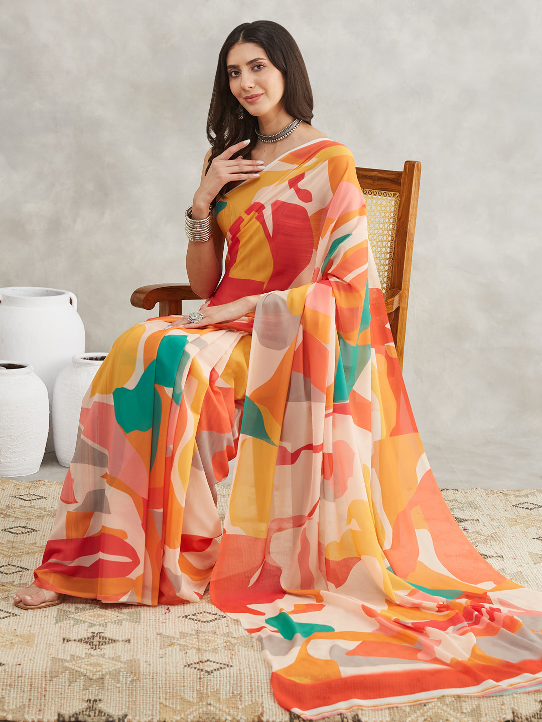 Janasya Women's Multicolor Georgette Abstract Printed Printed Saree with Blouse Piece