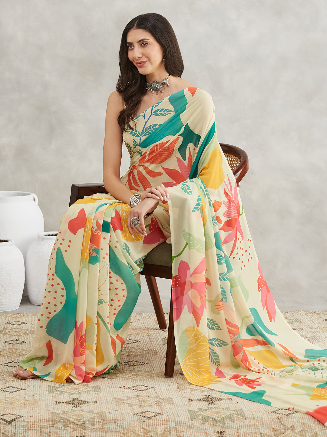 Janasya Women's Multicolor Georgette Tropical  Printed Printed Saree with Blouse Piece