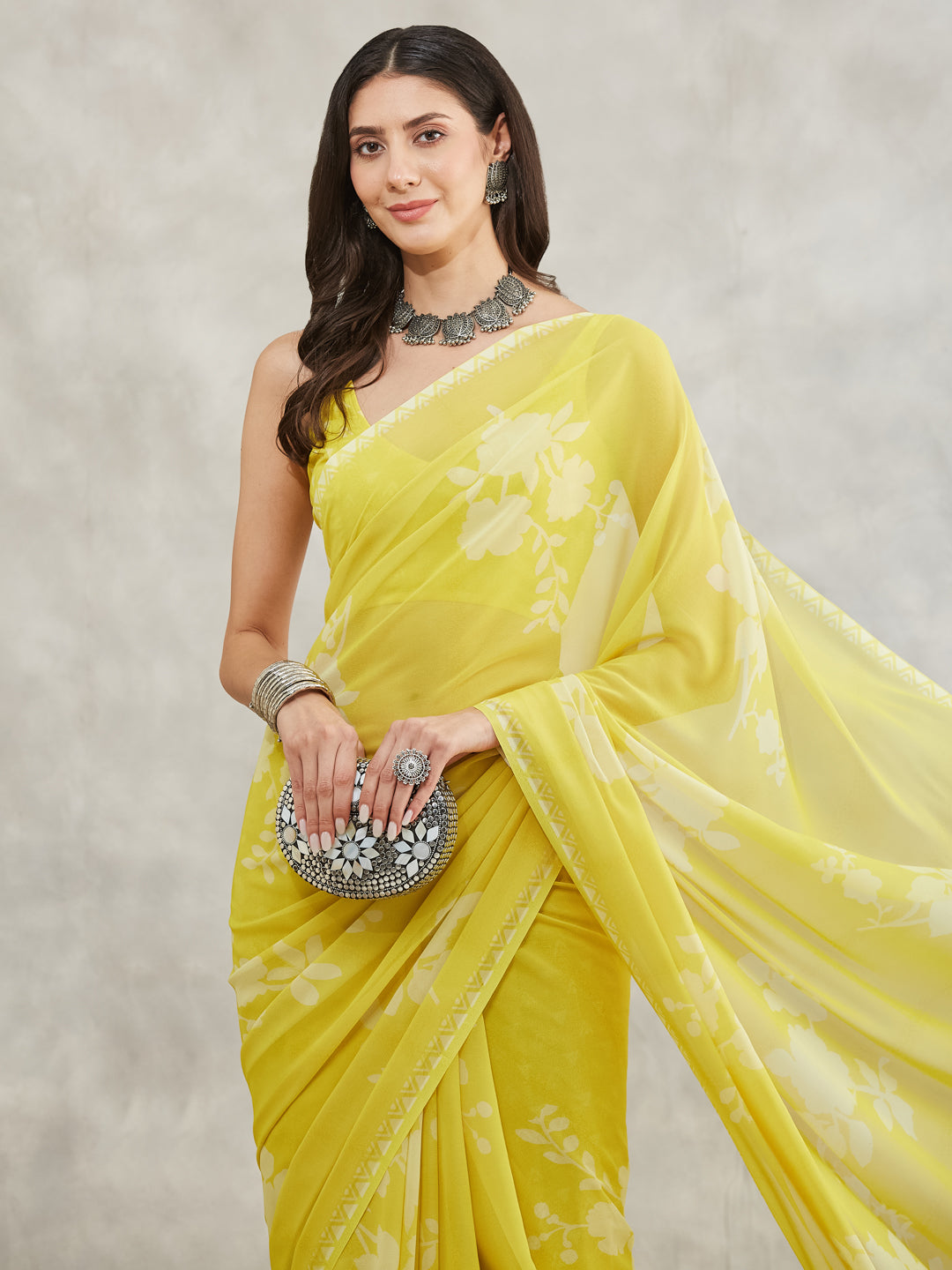 Janasya Women's Lime Yellow Georgette Floral Printed Printed Saree with Blouse Piece