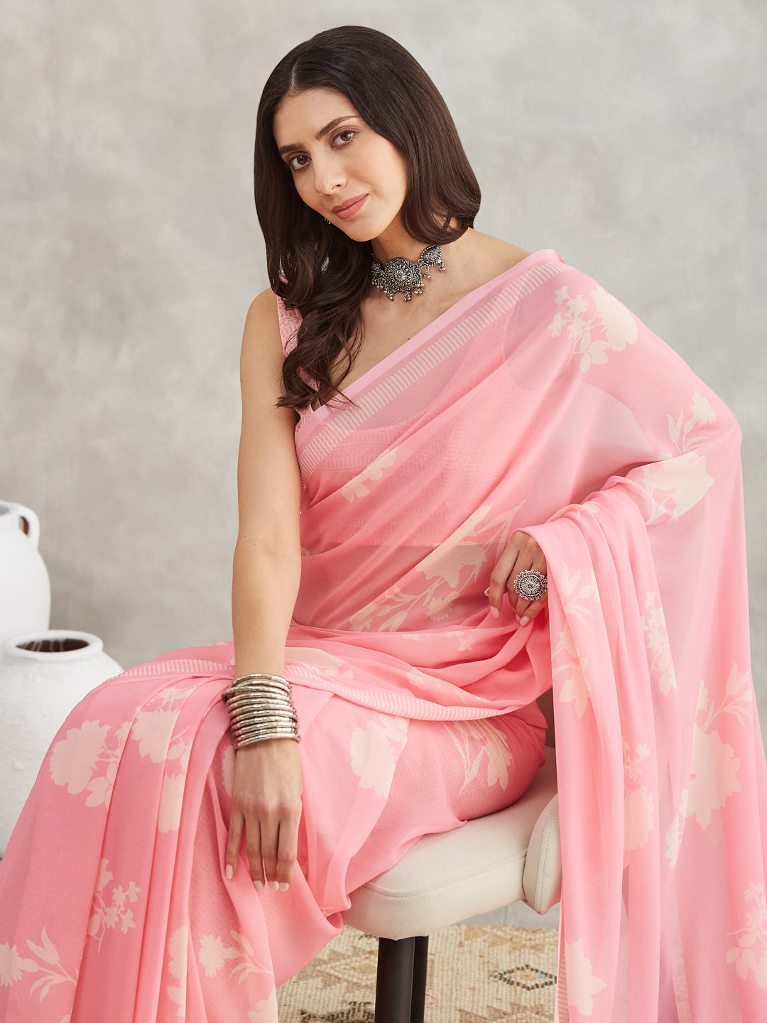 Janasya Women's Light Pink Georgette Floral Printed Printed Saree with Blouse Piece