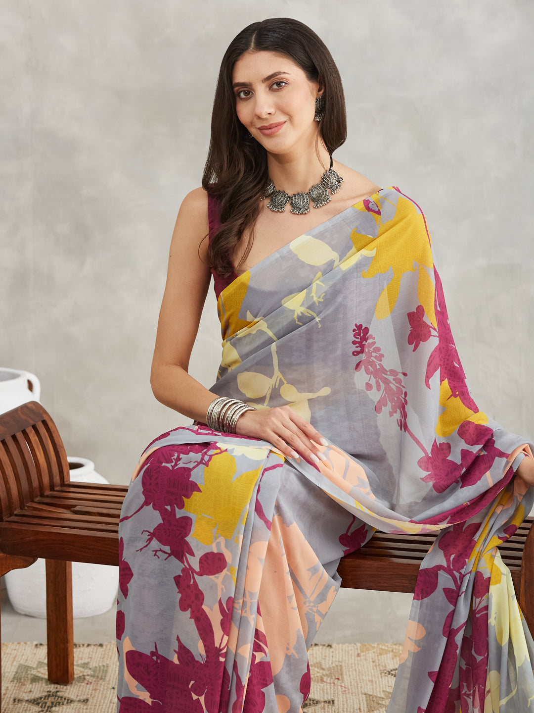 Janasya Women's Grey Georgette Abstract Printed Printed Saree with Blouse Piece