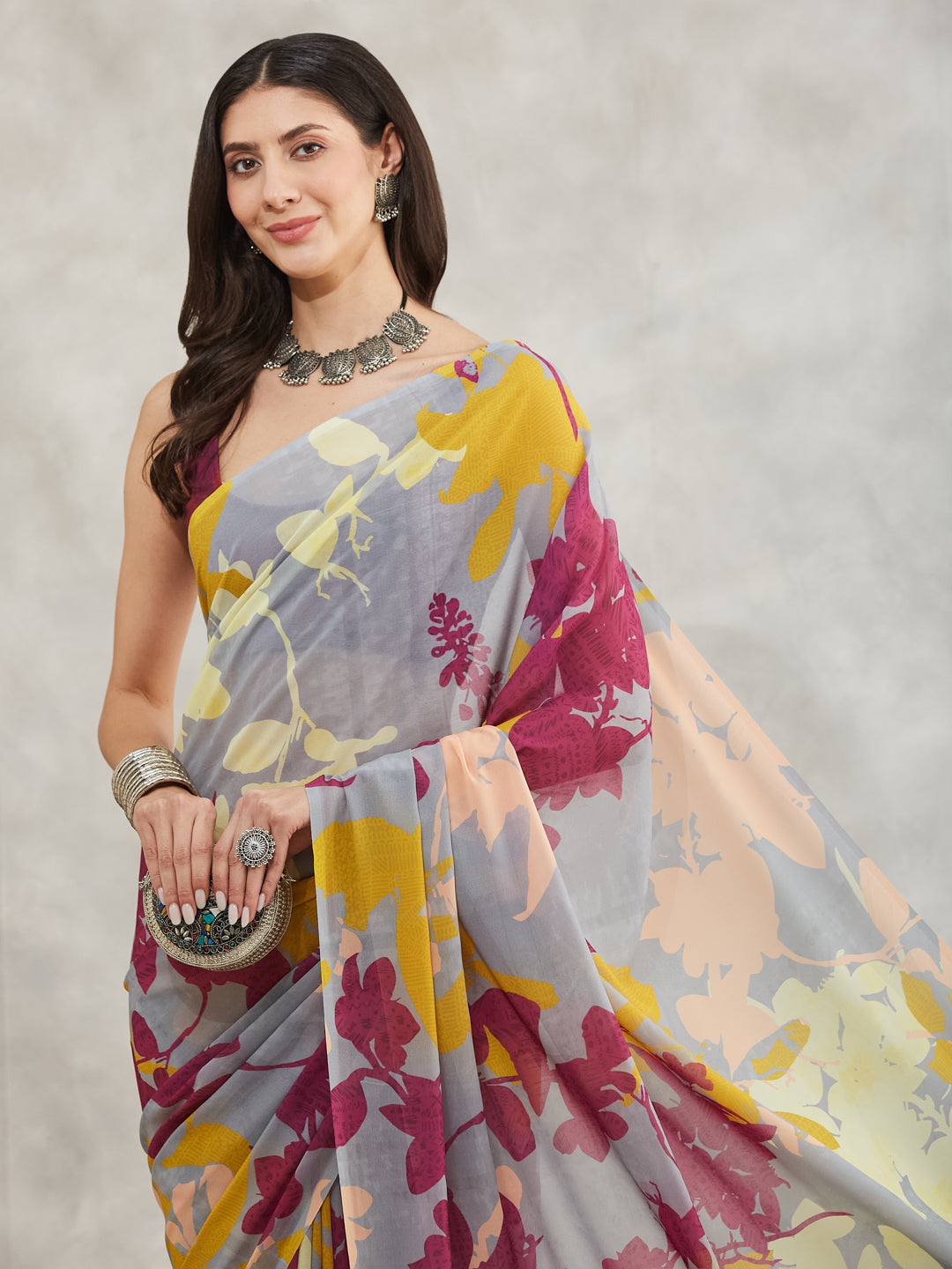 Janasya Women's Grey Georgette Abstract Printed Printed Saree with Blouse Piece