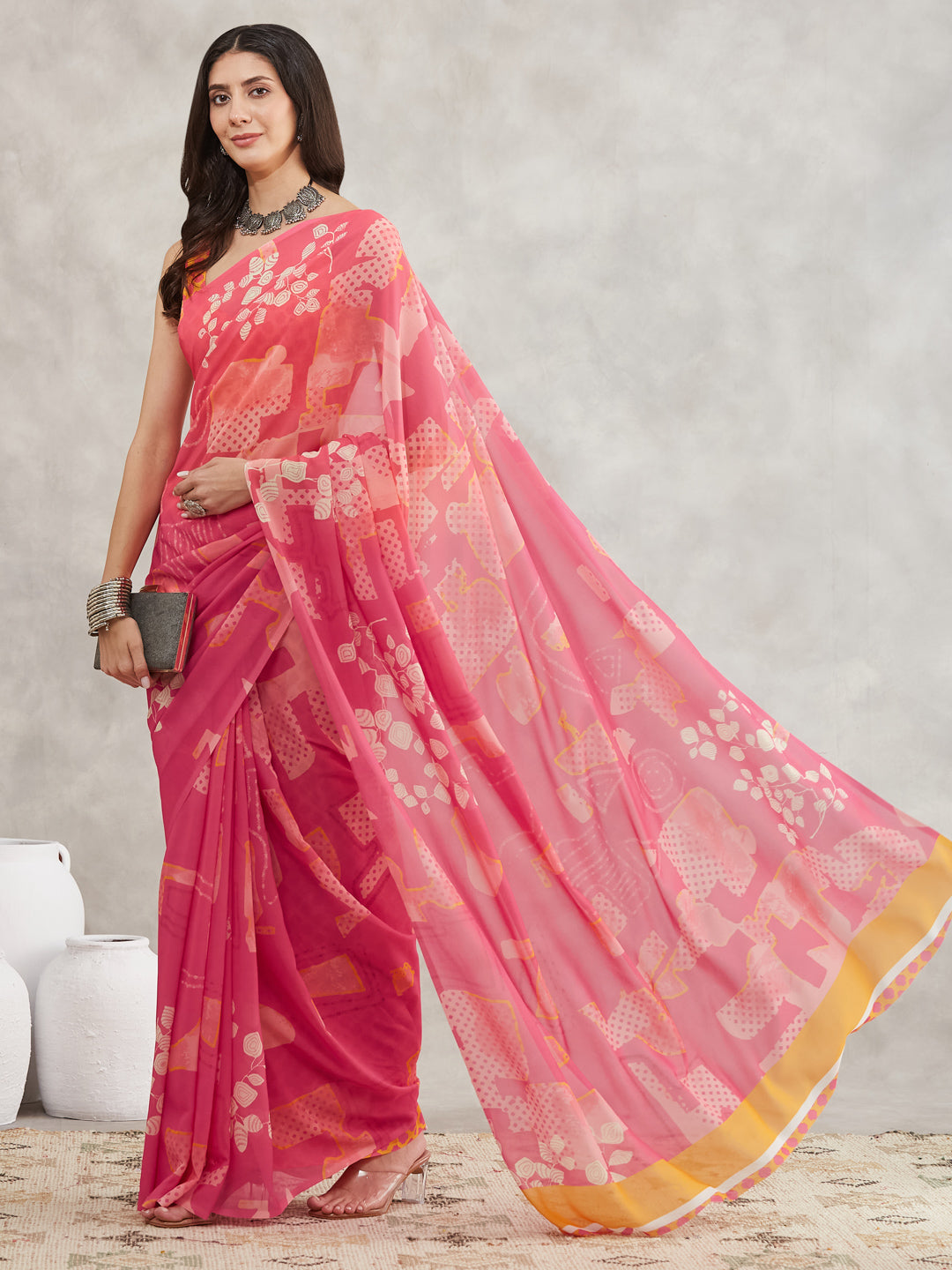 Janasya Women's Pink Georgette Geometric Printed Printed Saree with Blouse Piece