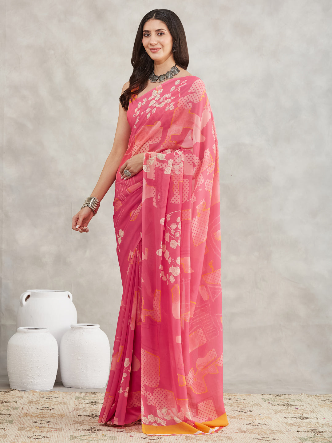 Janasya Women's Pink Georgette Geometric Printed Printed Saree with Blouse Piece