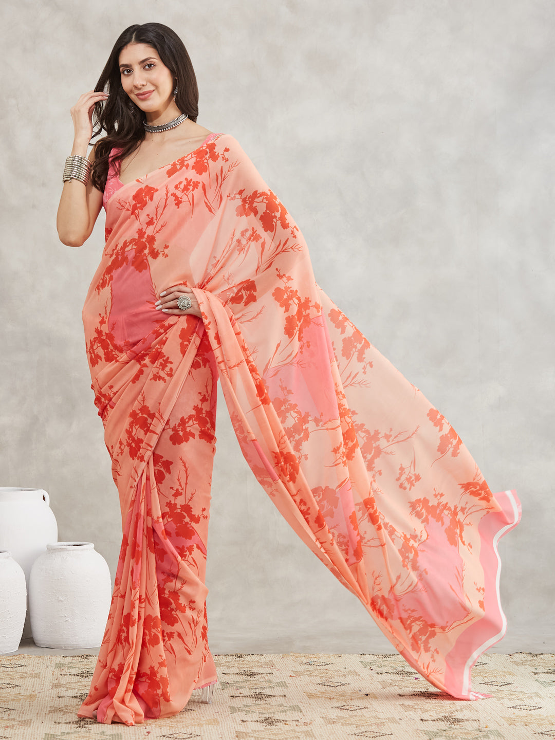 Janasya Women's Peach Georgette Floral Printed Printed Saree with Blouse Piece