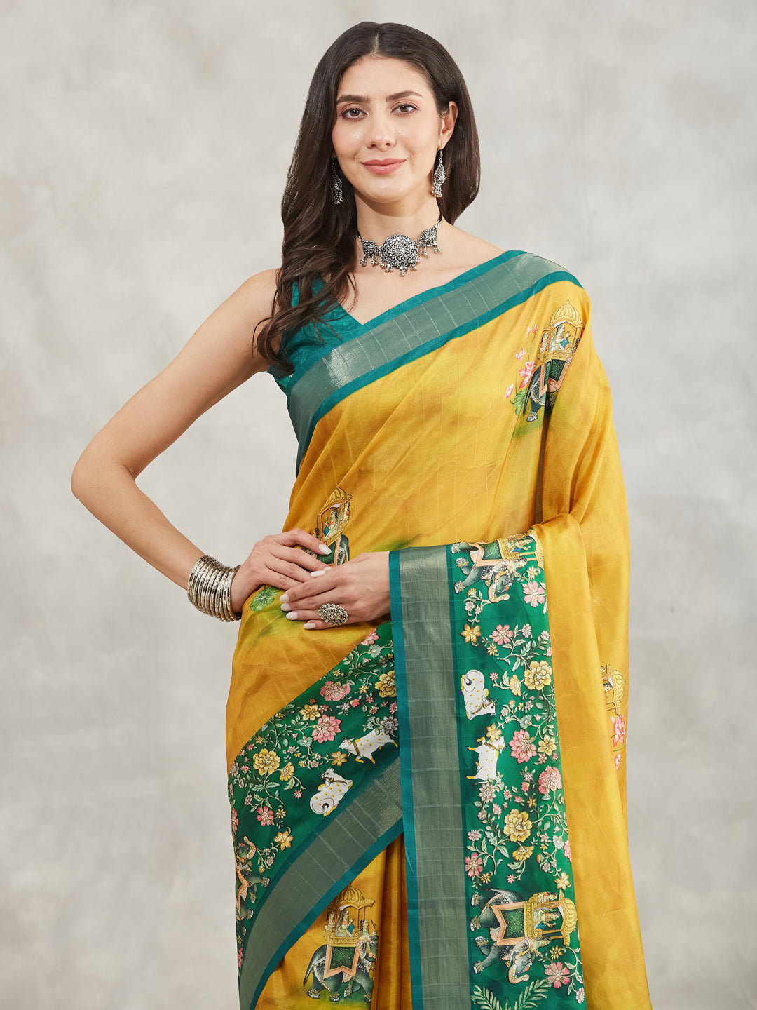 Janasya Women's Mustard Silk Blend Ethnic Motifs Printed Printed Saree with Blouse Piece