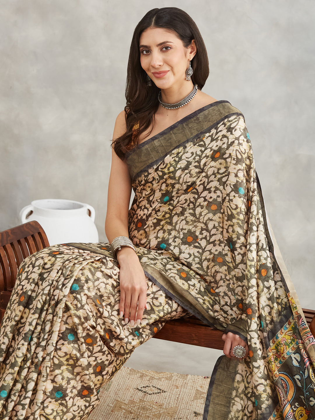 Janasya Women's Olive Green Silk Blend Floral Printed Printed Saree with Blouse Piece