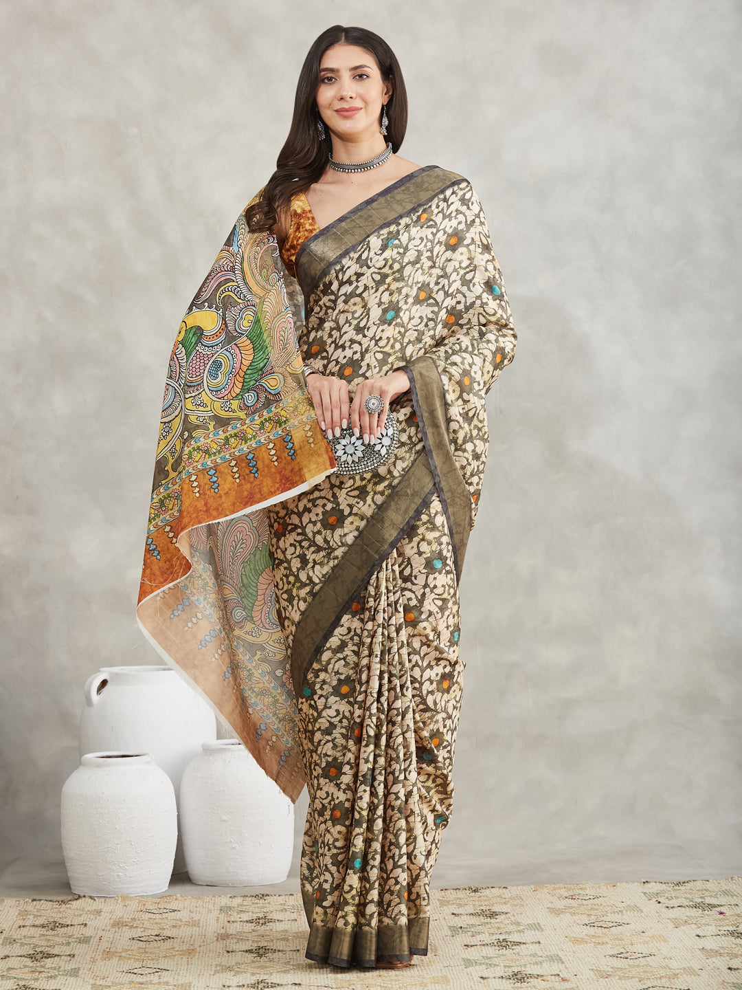Janasya Women's Olive Green Silk Blend Floral Printed Printed Saree with Blouse Piece