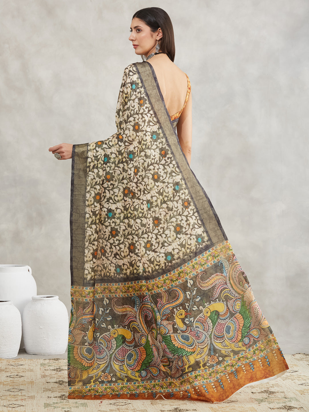 Janasya Women's Olive Green Silk Blend Floral Printed Printed Saree with Blouse Piece