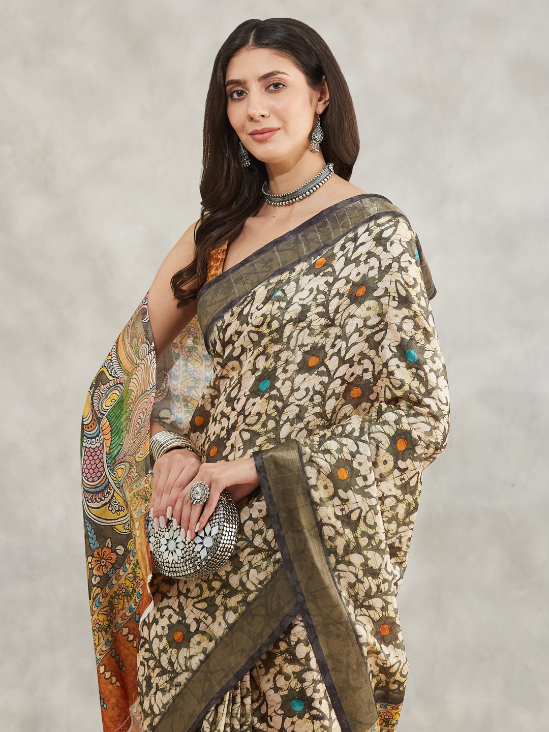 Janasya Women's Olive Green Silk Blend Floral Printed Printed Saree with Blouse Piece