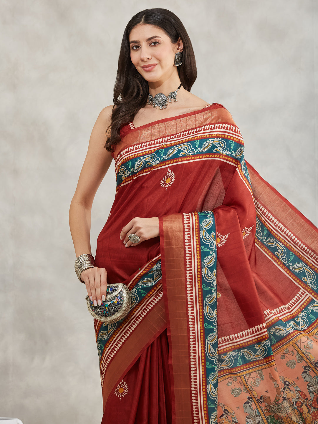 Janasya Women's Rust Silk Blend Paisley Printed Printed Saree with Blouse Piece
