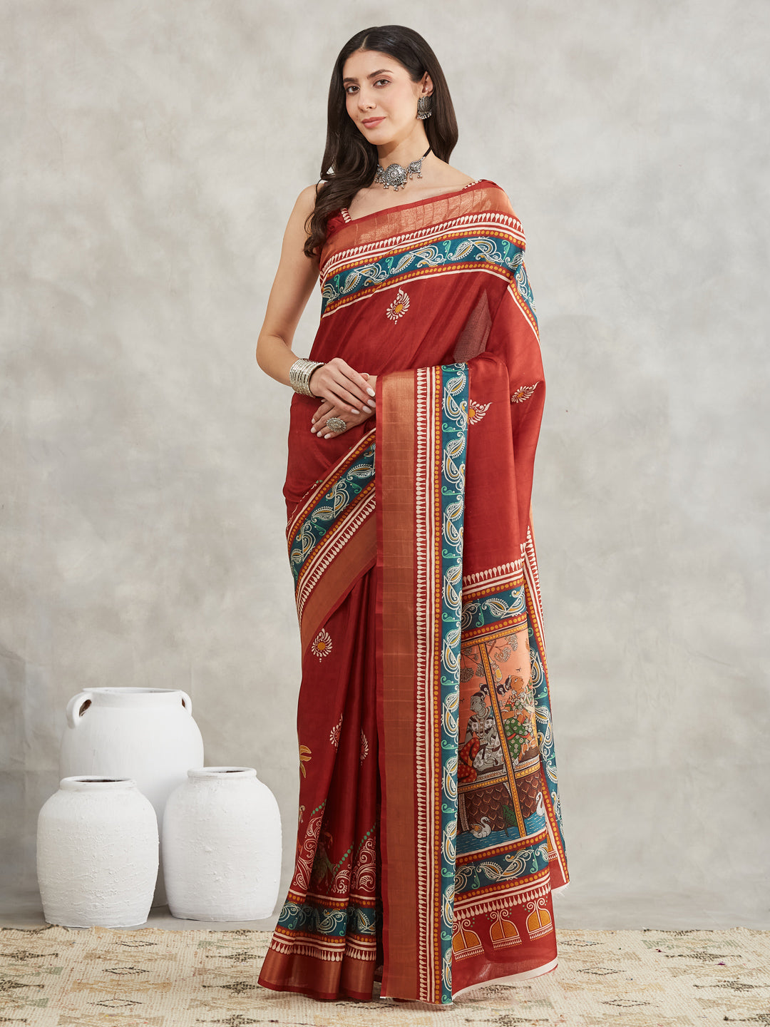 Janasya Women's Rust Silk Blend Paisley Printed Printed Saree with Blouse Piece