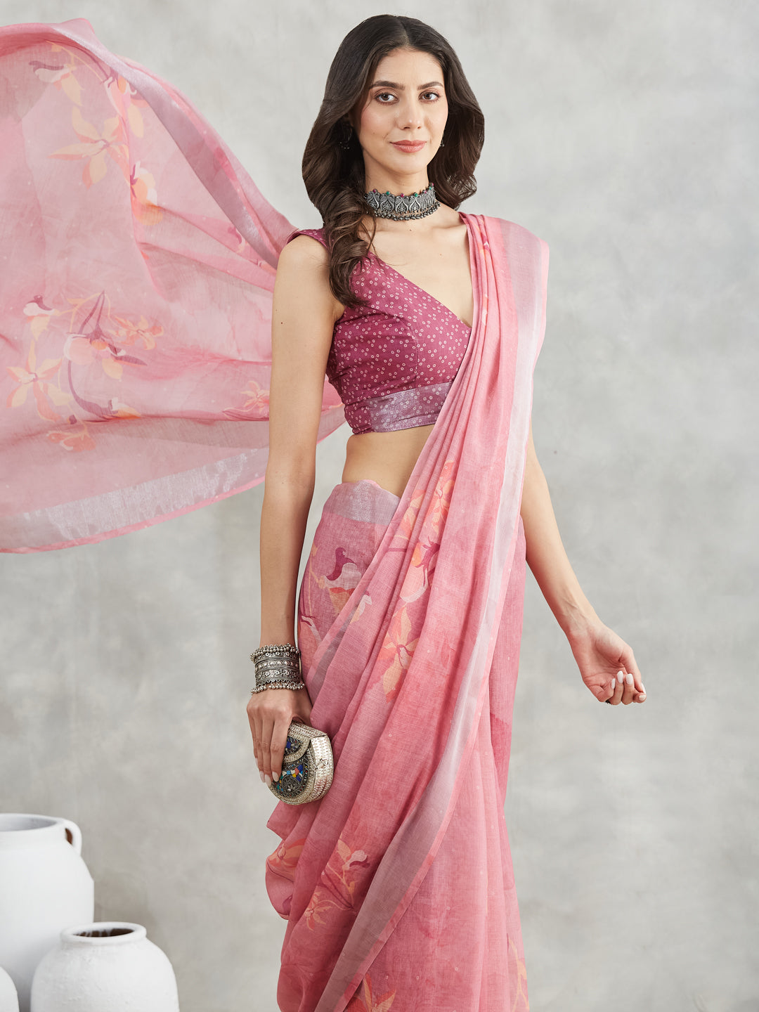 Janasya Women's Mauve Linen Blend Floral Printed Printed Saree with Blouse Piece