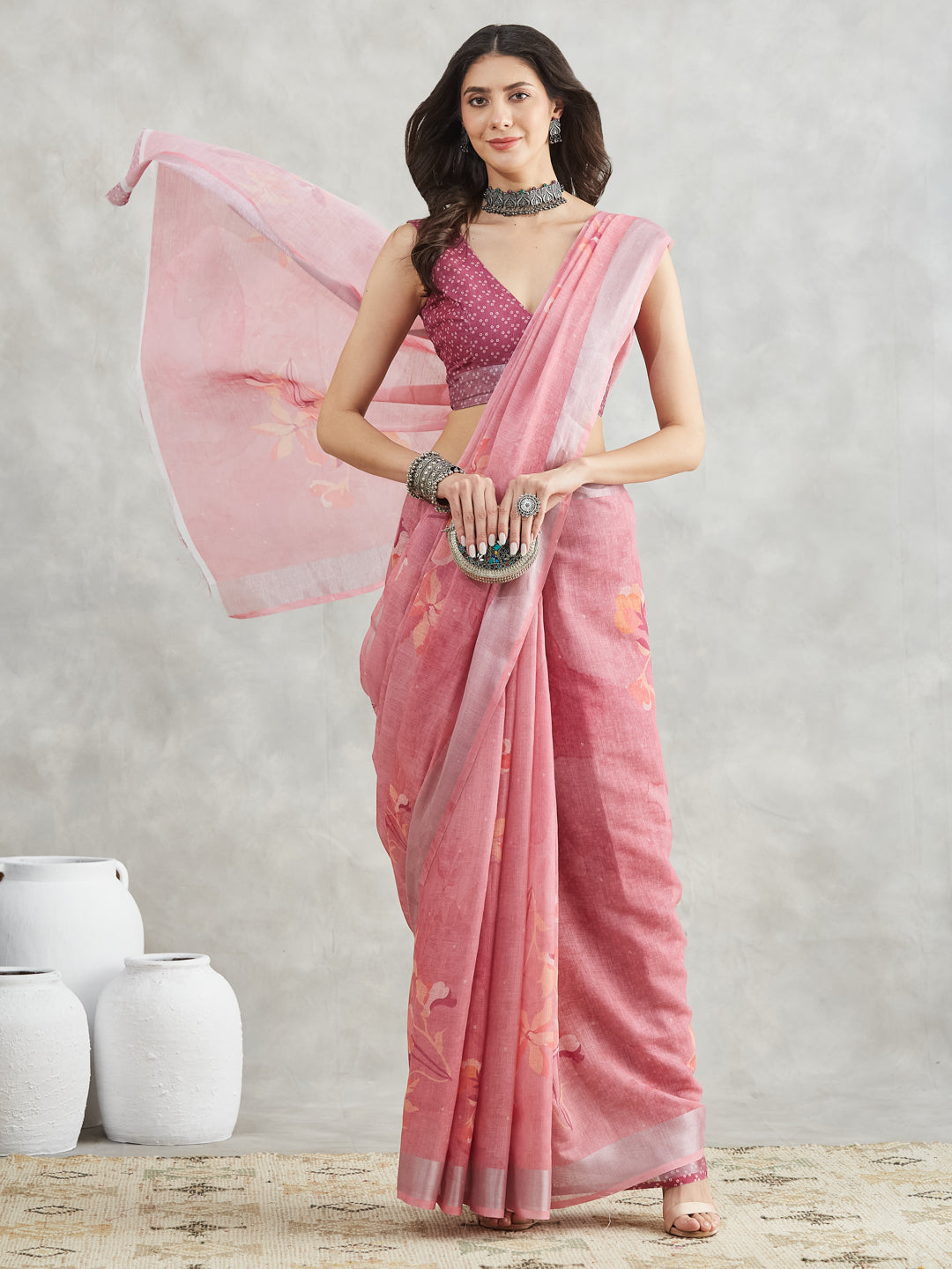 Janasya Women's Mauve Linen Blend Floral Printed Printed Saree with Blouse Piece