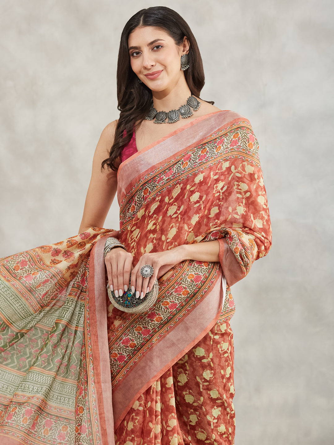 Janasya Women's Rust Linen Blend Batik Printed Printed Saree with Blouse Piece