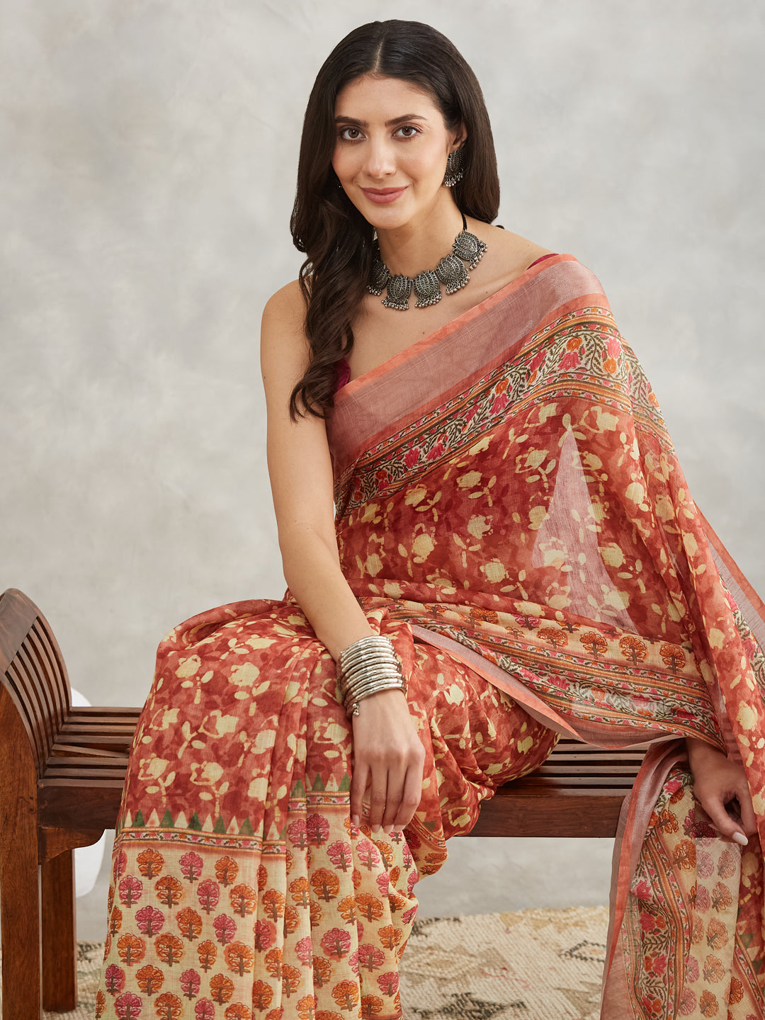 Janasya Women's Rust Linen Blend Batik Printed Printed Saree with Blouse Piece