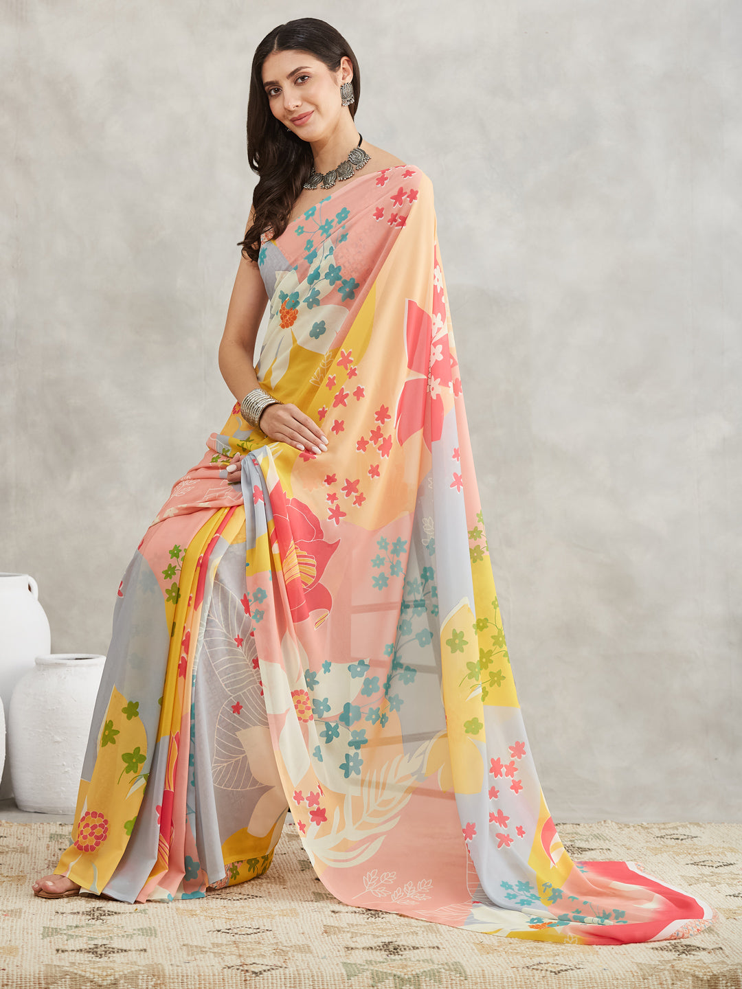Janasya Women's Multicolor Georgette Floral Printed Printed Saree with Blouse Piece