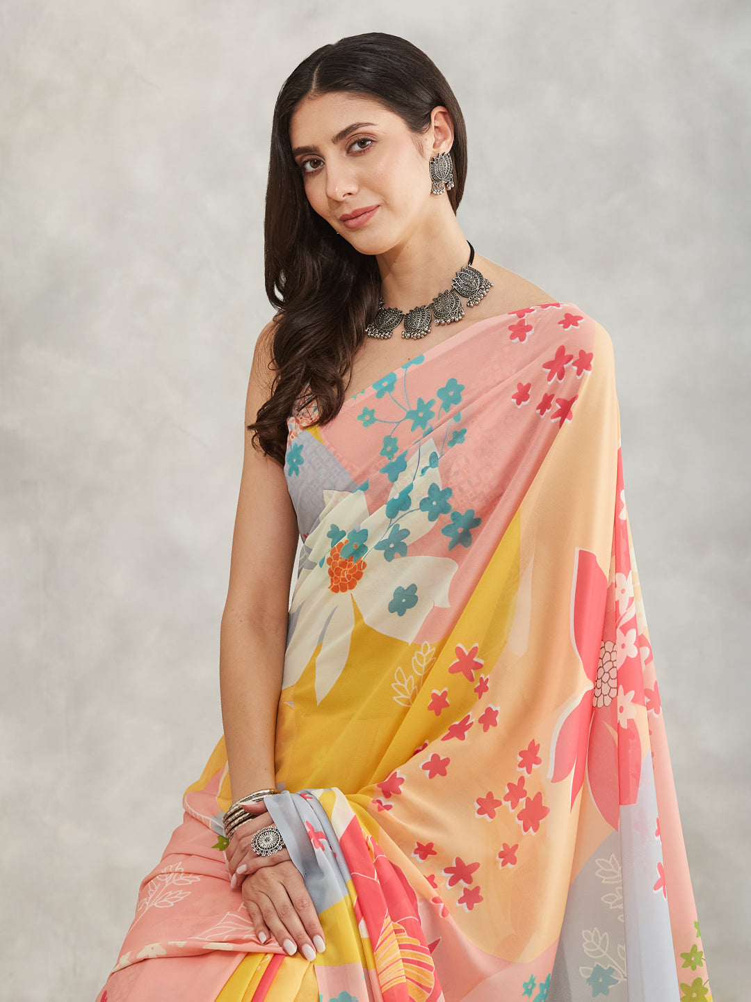 Janasya Women's Multicolor Georgette Floral Printed Printed Saree with Blouse Piece
