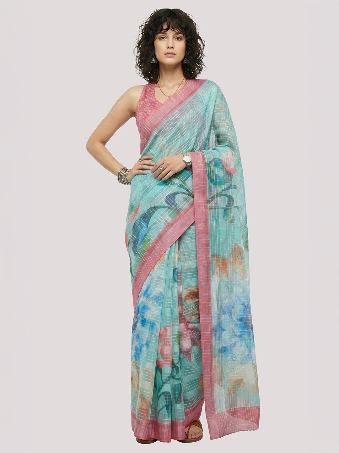 Janasya Women's Turqouise Green Lurex Cotton Blend Ready To Wear Floral Printed Saree with Unstitched Blouse