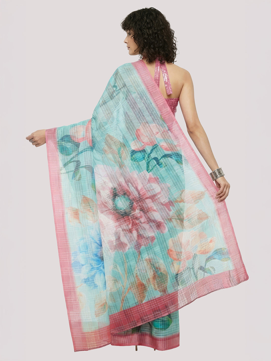 Janasya Women's Turqouise Green Lurex Cotton Blend Ready To Wear Floral Printed Saree with Unstitched Blouse