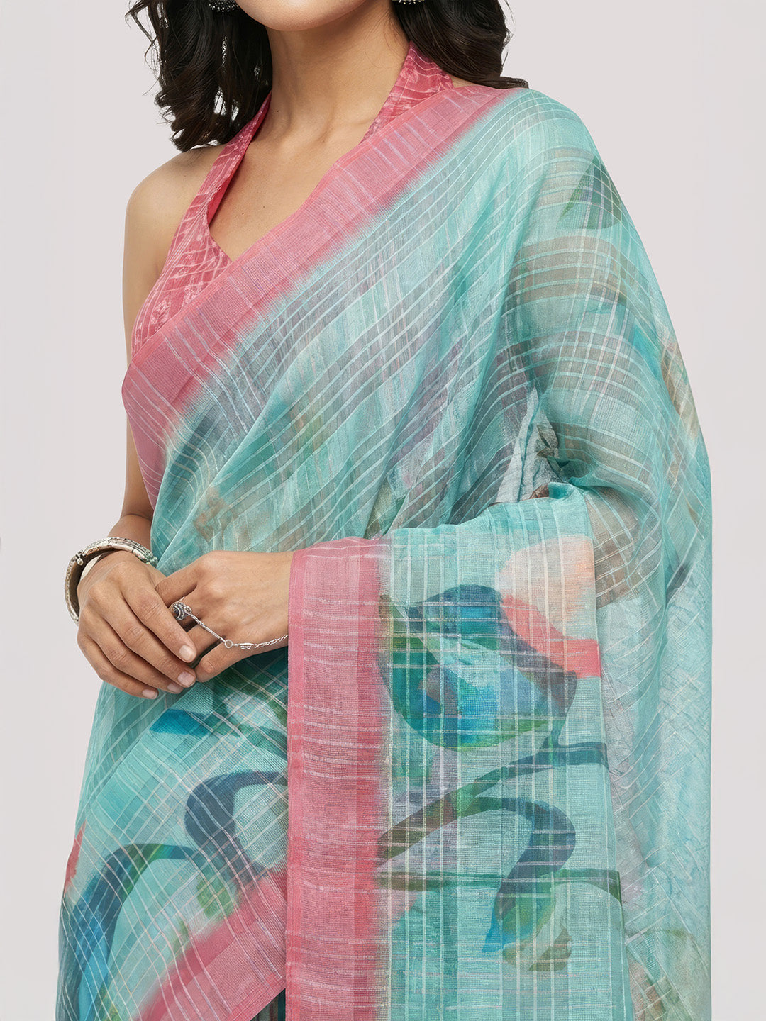 Janasya Women's Turqouise Green Lurex Cotton Blend Ready To Wear Floral Printed Saree with Unstitched Blouse