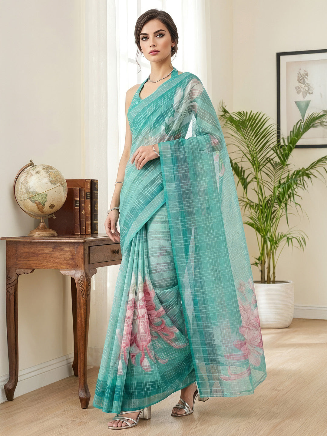 Janasya Women's Teal Green Lurex Cotton Blend  Ready To Wear Floral Printed Saree with Unstitched Blouse