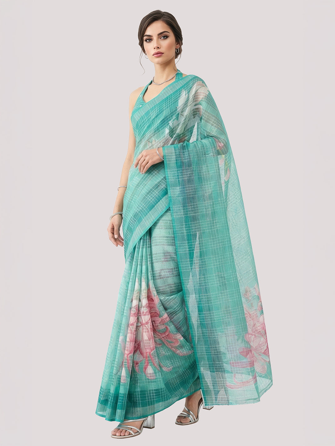 Janasya Women's Teal Green Lurex Cotton Blend  Ready To Wear Floral Printed Saree with Unstitched Blouse