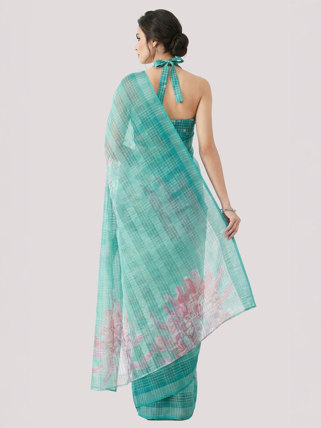 Janasya Women's Teal Green Lurex Cotton Blend  Ready To Wear Floral Printed Saree with Unstitched Blouse