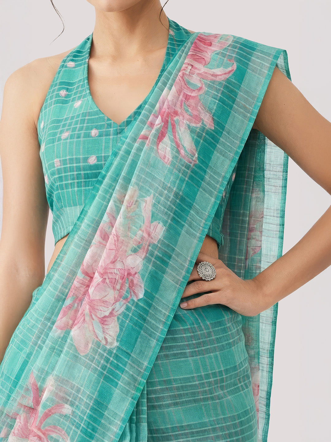 Janasya Women's Teal Green Lurex Cotton Blend  Ready To Wear Floral Printed Saree with Unstitched Blouse