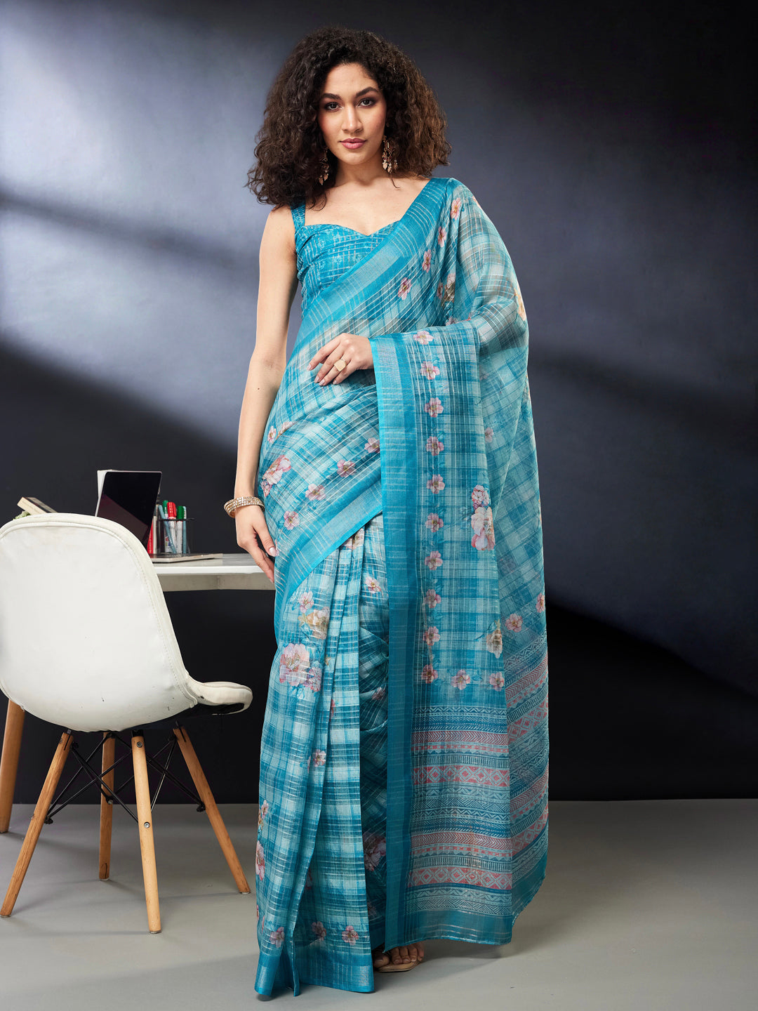 Janasya Women's Sky Blue Cotton Blend Ready To Wear Floral Printed Saree with Unstitched Blouse