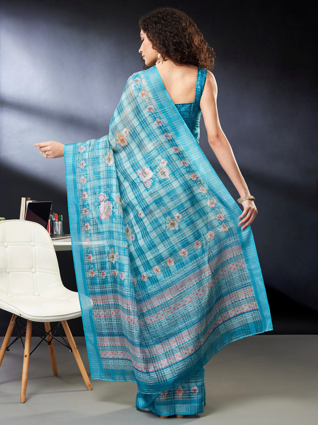 Janasya Women's Sky Blue Cotton Blend Ready To Wear Floral Printed Saree with Unstitched Blouse