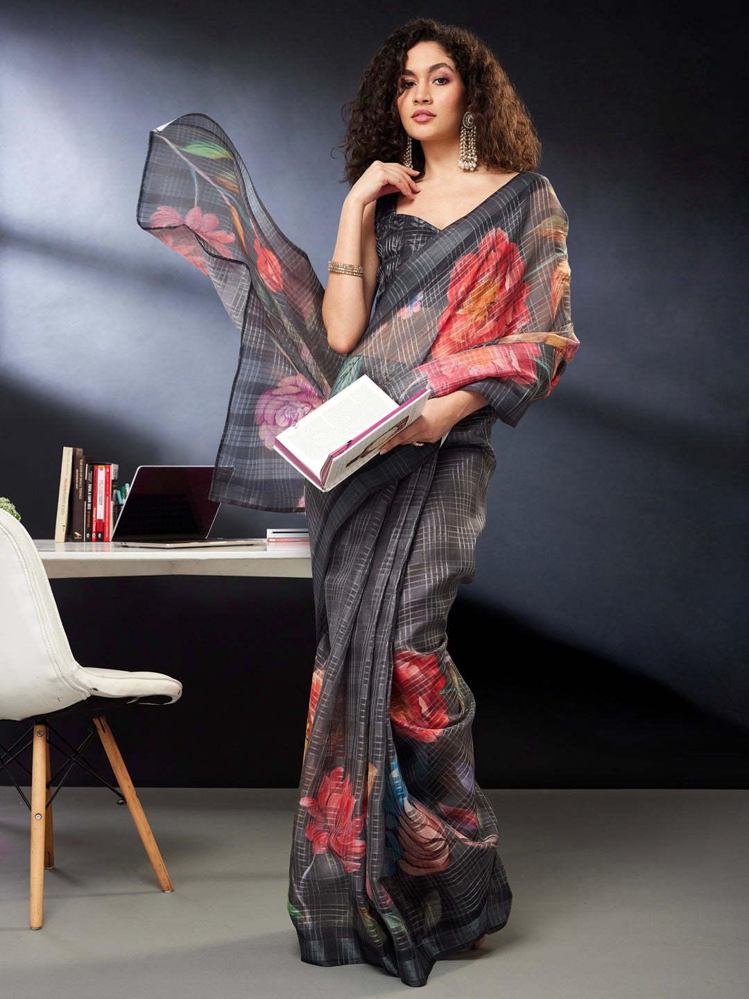 Janasya Women's Black Lurex Cotton Blend  Ready To Wear Floral Printed Saree with Unstitched Blouse