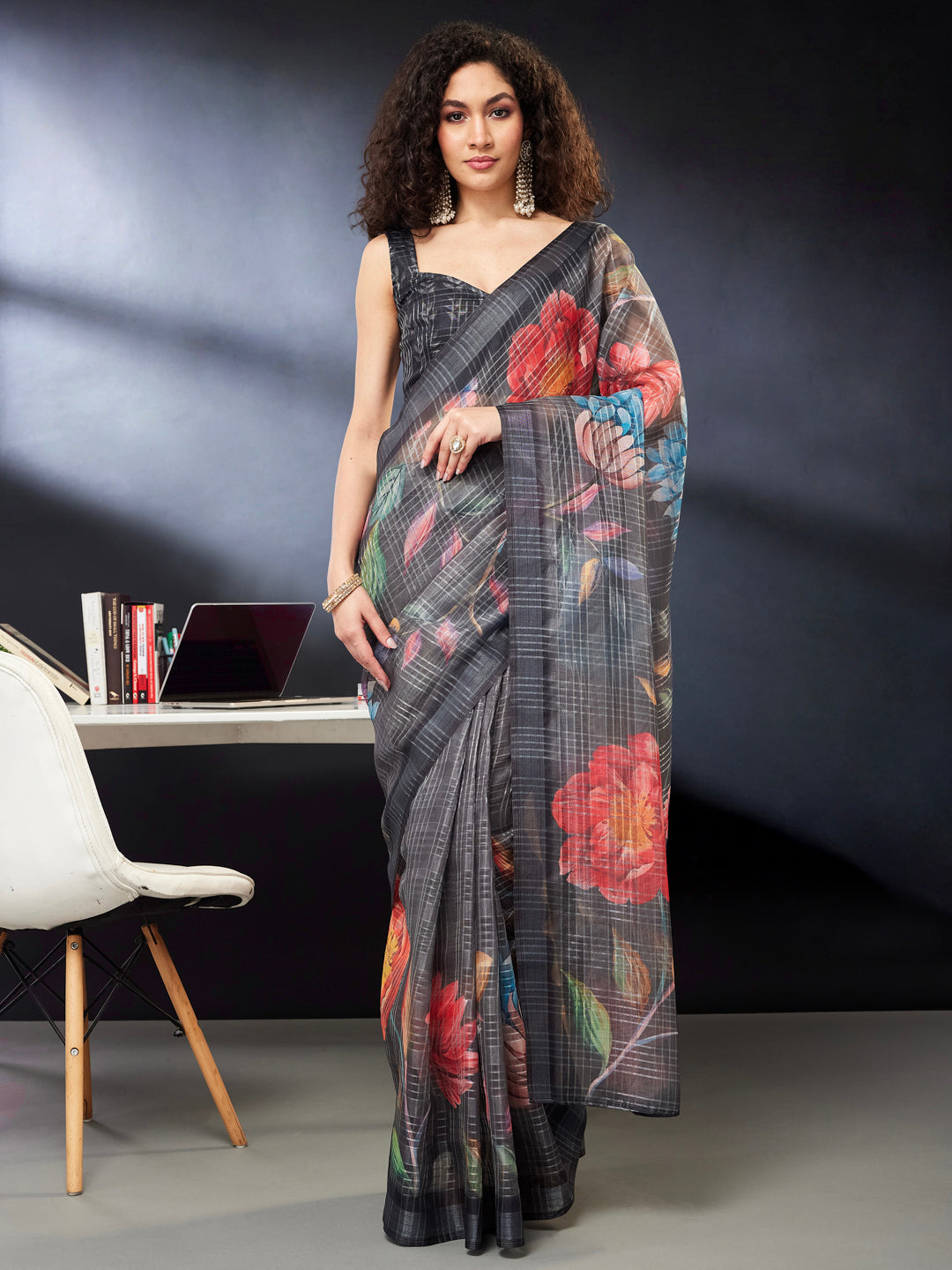 Janasya Women's Black Lurex Cotton Blend  Ready To Wear Floral Printed Saree with Unstitched Blouse