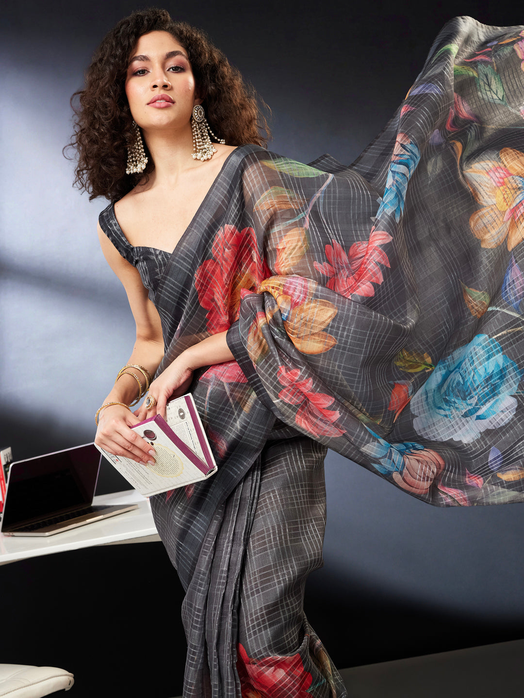 Janasya Women's Black Lurex Cotton Blend  Ready To Wear Floral Printed Saree with Unstitched Blouse