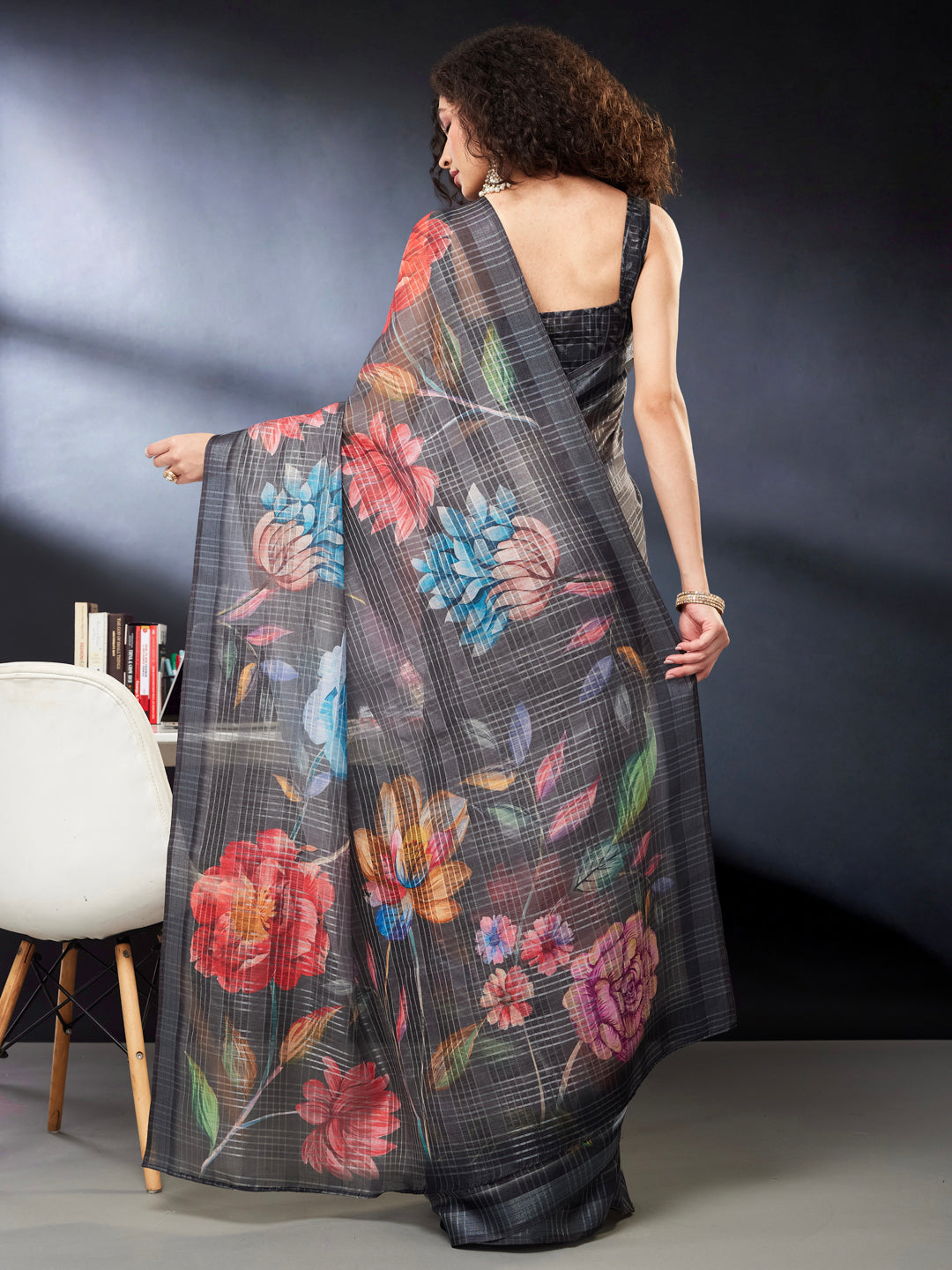 Janasya Women's Black Lurex Cotton Blend  Ready To Wear Floral Printed Saree with Unstitched Blouse