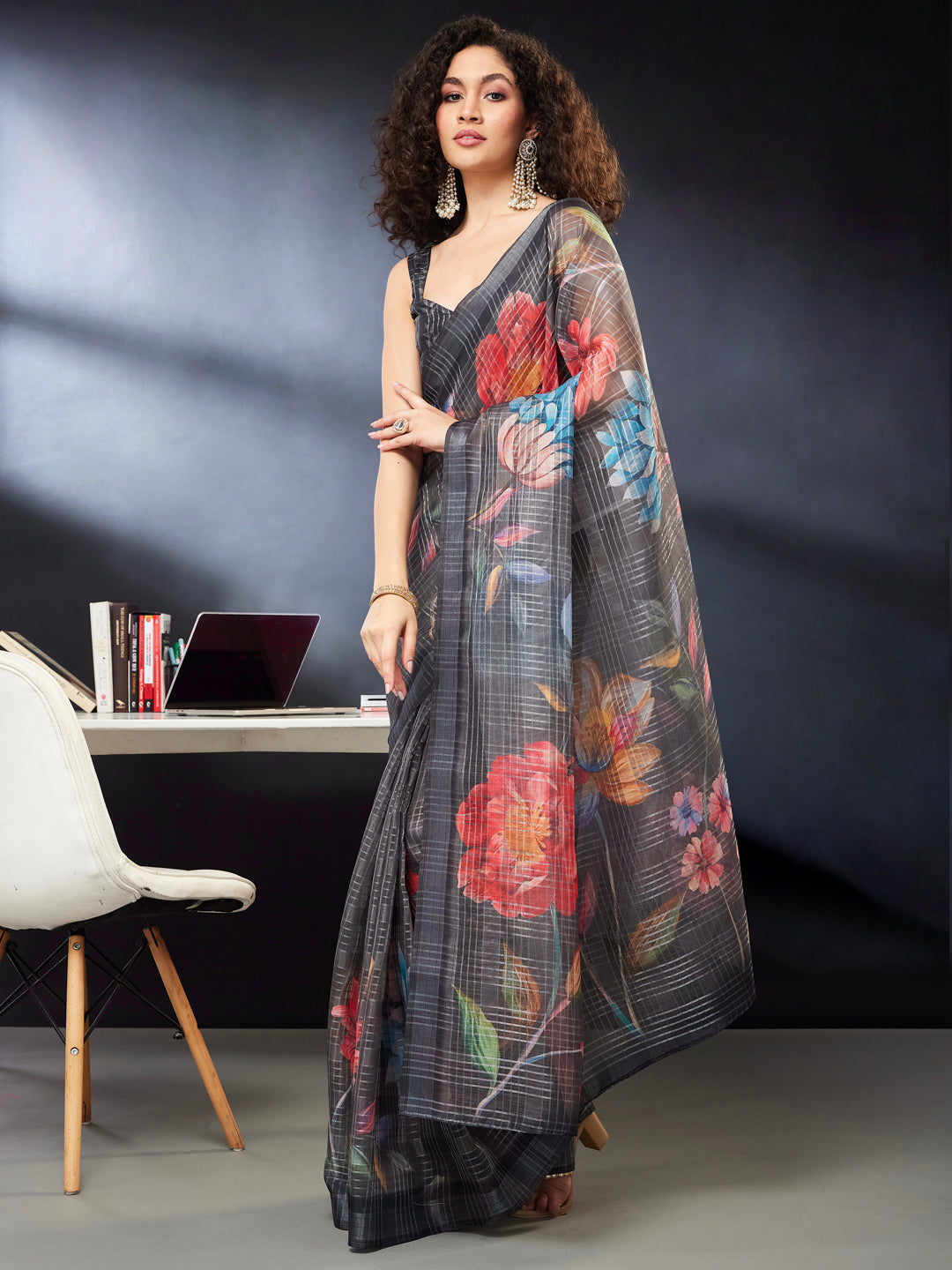 Janasya Women's Black Lurex Cotton Blend  Ready To Wear Floral Printed Saree with Unstitched Blouse