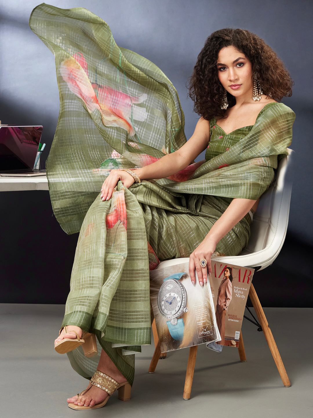 Janasya Women's Olive Green Lurex Cotton Blend Ready To Wear Floral Printed Saree with Unstitched Blouse
