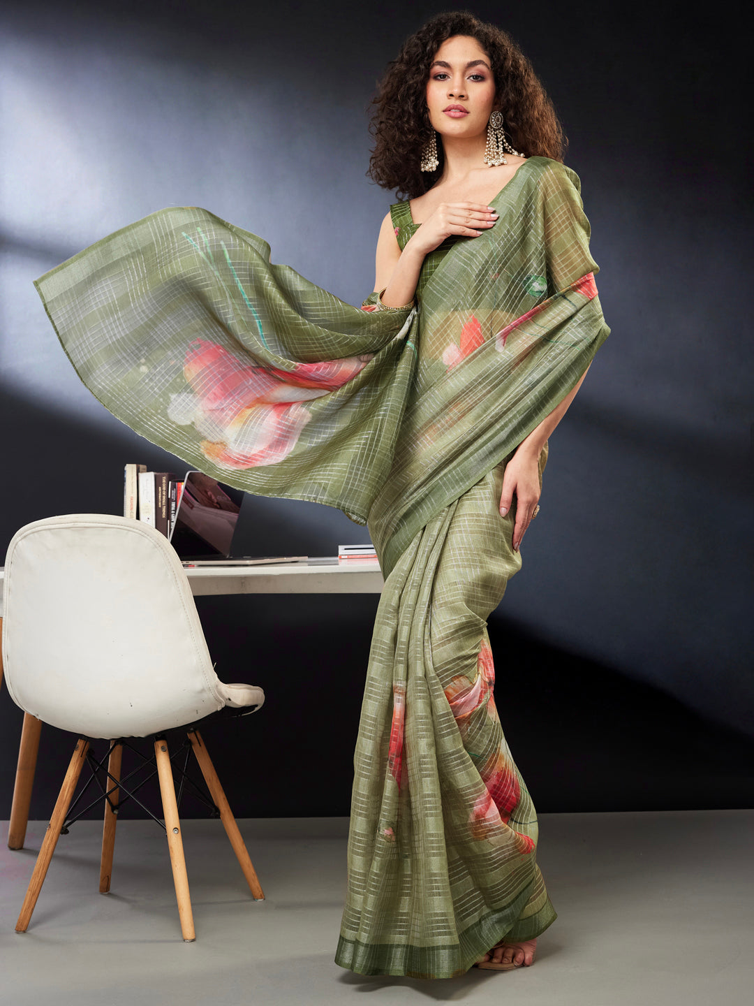 Janasya Women's Olive Green Lurex Cotton Blend Ready To Wear Floral Printed Saree with Unstitched Blouse