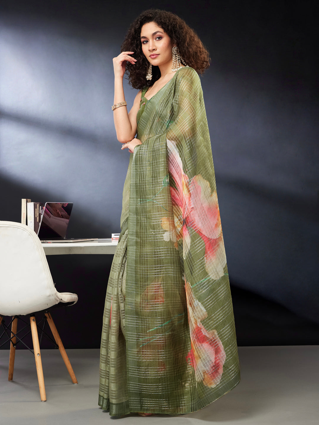 Janasya Women's Olive Green Lurex Cotton Blend Ready To Wear Floral Printed Saree with Unstitched Blouse
