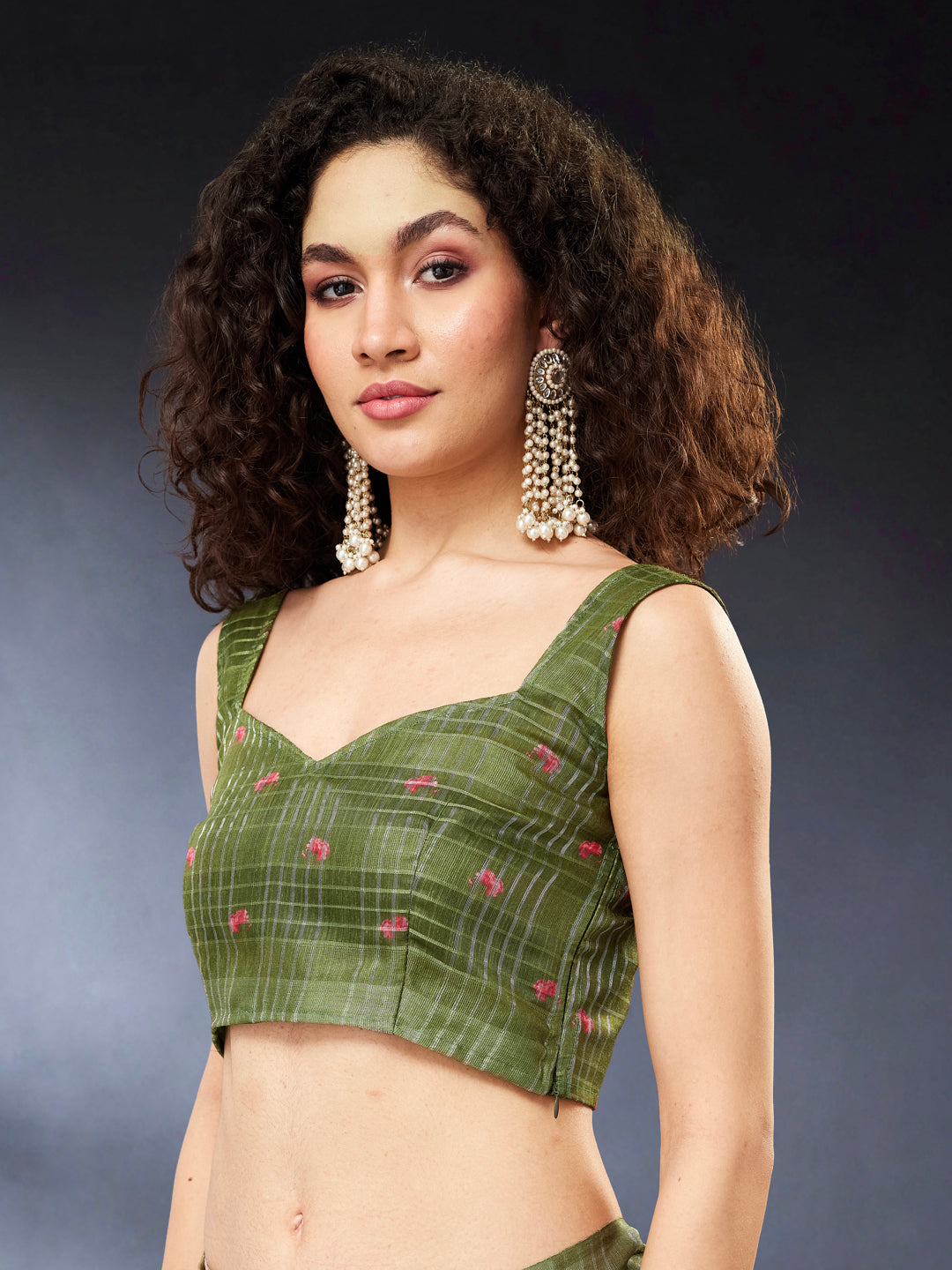 Janasya Women's Olive Green Lurex Cotton Blend Ready To Wear Floral Printed Saree with Unstitched Blouse