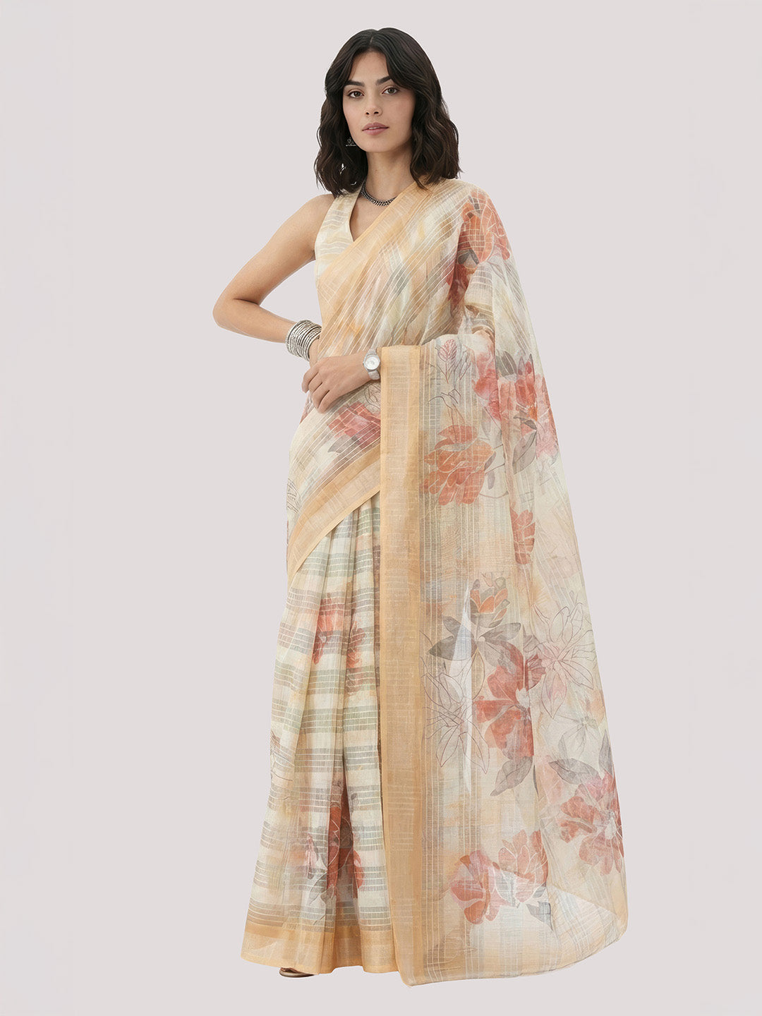 Janasya Women's Yellow Lurex Cotton Blend Ready To Wear Floral Printed Saree with Unstitched Blouse