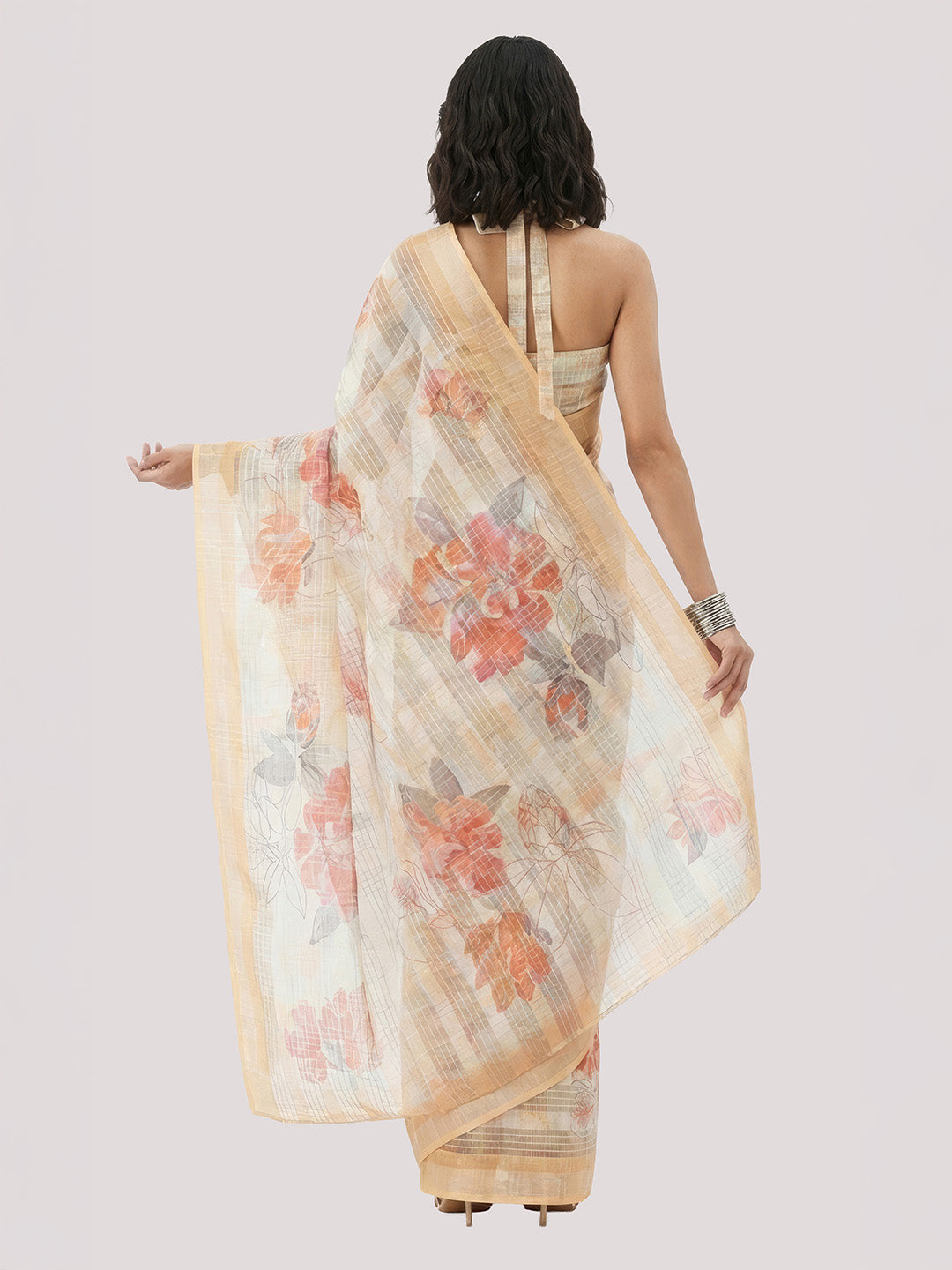 Janasya Women's Yellow Lurex Cotton Blend Ready To Wear Floral Printed Saree with Unstitched Blouse