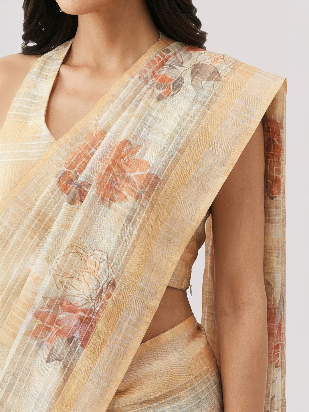 Janasya Women's Yellow Lurex Cotton Blend Ready To Wear Floral Printed Saree with Unstitched Blouse