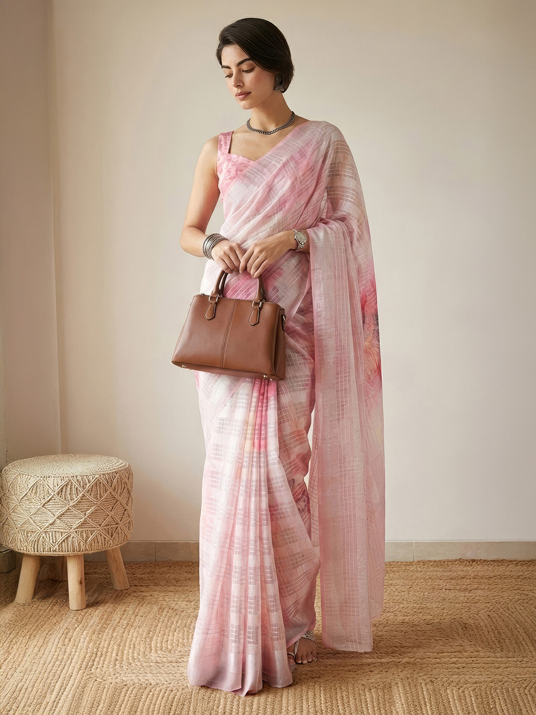 Janasya Women's Pink Lurex Cotton Blend  Ready To Wear Floral Printed Saree with Unstitched Blouse