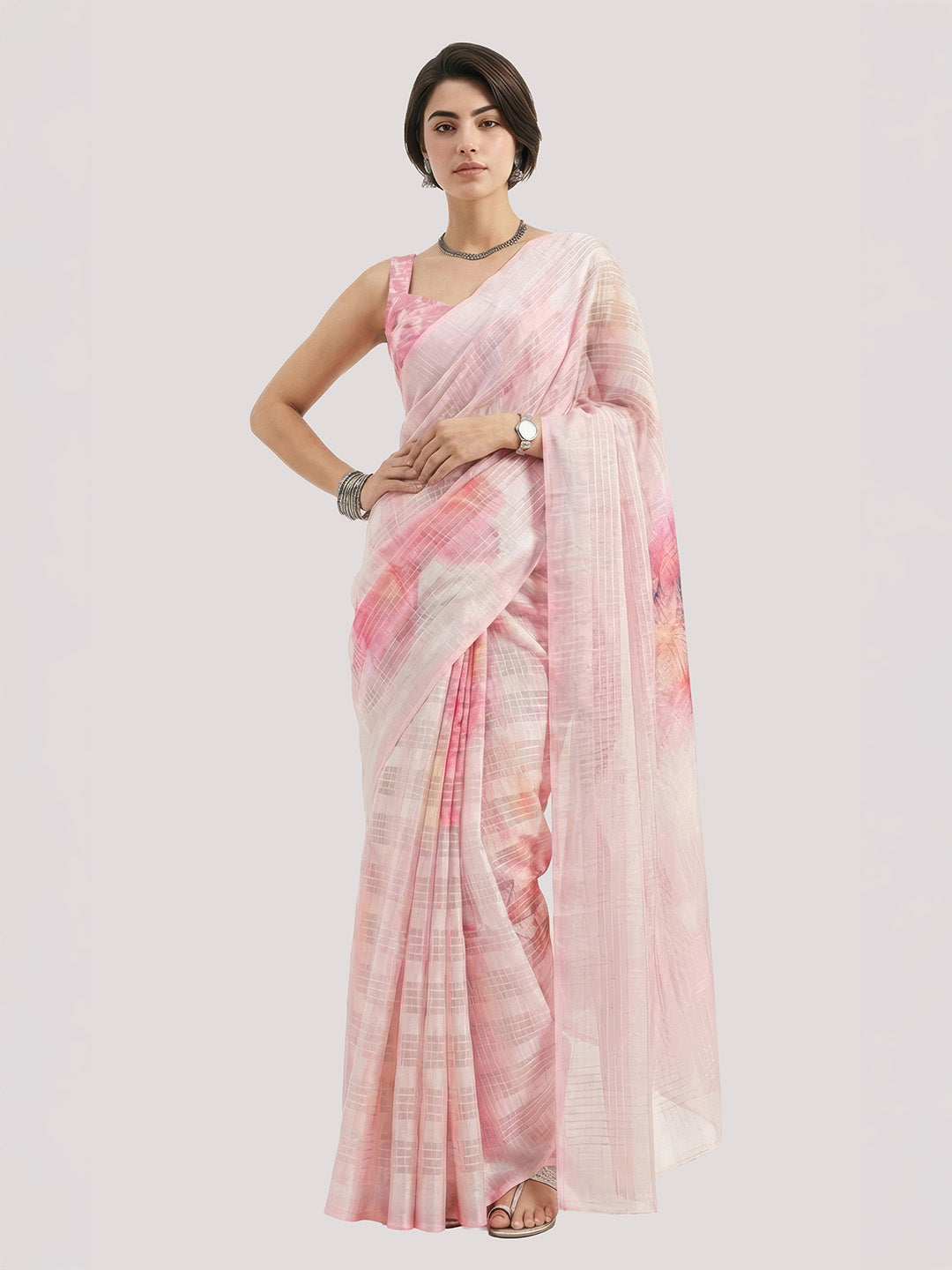 Janasya Women's Pink Lurex Cotton Blend  Ready To Wear Floral Printed Saree with Unstitched Blouse